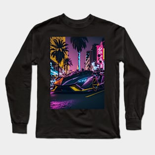 Dark Neon Sports Car in Beach Neon City Long Sleeve T-Shirt